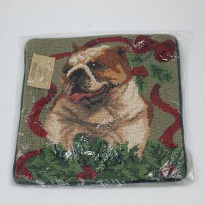 Bulldog Red Ribbon Handcrafted Needlepoint Pillow Cover Zipper Velvet Backing